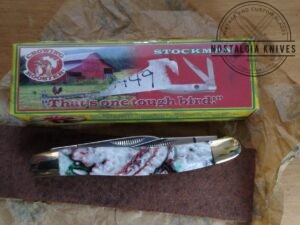 Crowing Rooster - Michael Prater Signature Etched Med. Stockman 3 Blade Pocket Knife with Multi-Color Handle in Orig. Packaging [Unused - Pristine Mint Cond.]