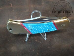 Kissing crane KC 5327 - Limited Ed. #952 Brass with Patriotic Stars and Strips Inlaid Blue Bone Handle Large Folding Hunter Knife [Unused - Pristine Cond.]