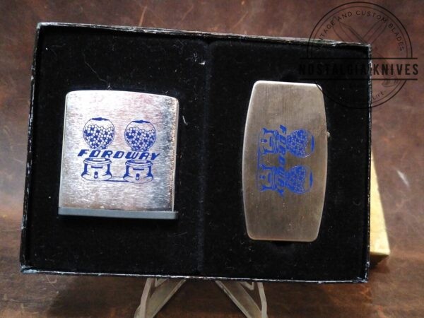 Vintage Zippo (Made by Case Knives)Money Clip Knife and Tape Measure in original packaging. Etched ‘Fordway’ – Ford Gum & Machine Gumball Machine Co. Promo Set in Original Box [Unused – Pristine Cond.] Case XX™ boker